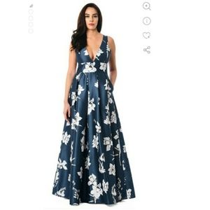 Floral Floor Length Dark Blue Gown